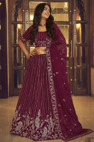 Georgette Fabric Wine Color Embroidered Work Delicate Lehenga