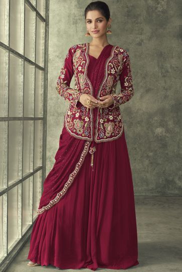 One Minute Ready To Wear Maroon Color Georgette Saree With Embroidered Jacket