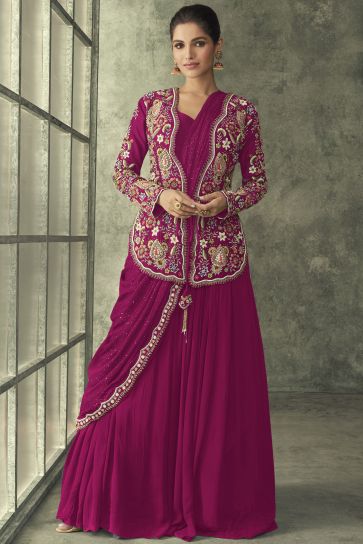 One Minute Readymade Georgette Fabric Magenta Color Saree With Embroidered Jacket