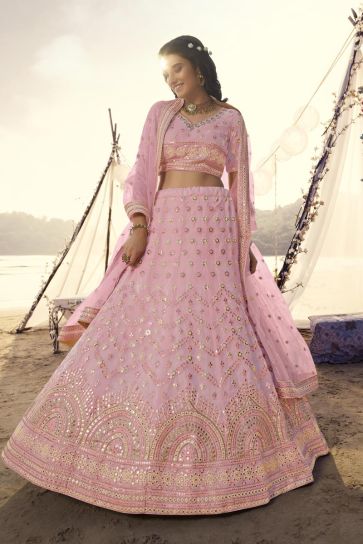 Embroidered Work On Pink Color Organza Fabric Function Wear Admirable Lehenga