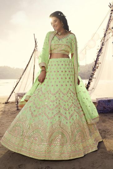 Green Color Embroidered Work On Organza Fabric Function Wear Majestic Lehenga