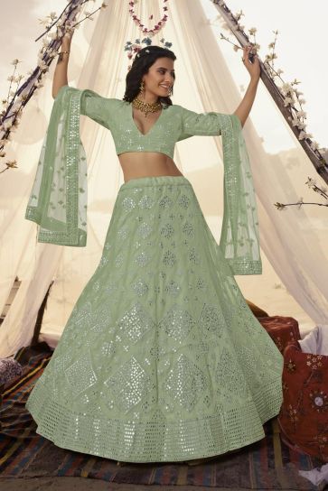Embroidered Work On Organza Fabric Function Wear Riveting Lehenga In Sea Green Color
