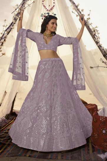 Embroidered Work On Lavender Color Function Wear Engaging Lehenga In Organza Fabric