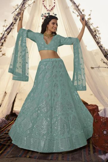 Cyan Color Organza Fabric Function Wear Embroidered Work Coveted Lehenga