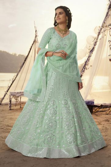 Organza Fabric Sea Green Color Sangeet Wear Lehenga With Dazzling Embroidered Work