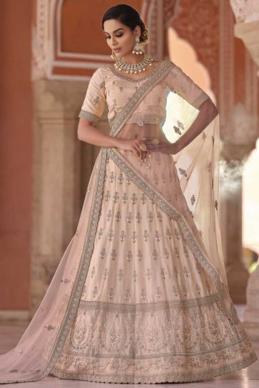 Dazzling Peach Color Embroidered Work Lehenga In Crepe Fabric