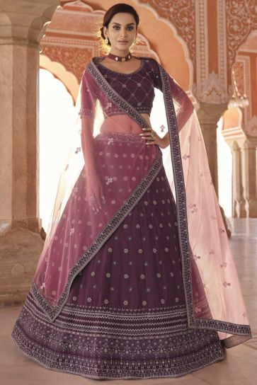 Wine Color Embroidered Work Luxurious Lehenga In Crepe Fabric