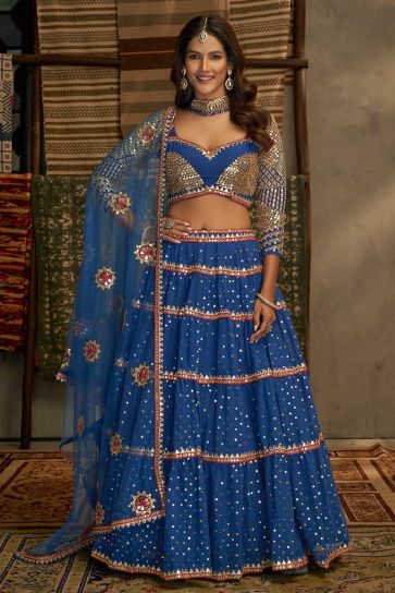 Creative Sequins Work On Lehenga In Blue Color Georgette Fabric