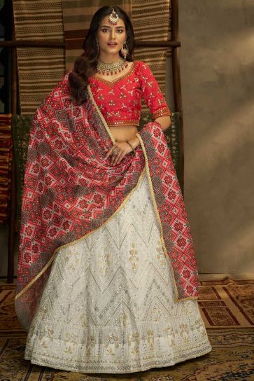 Incredible Sequins Work On Georgette Fabric White Color Lehenga