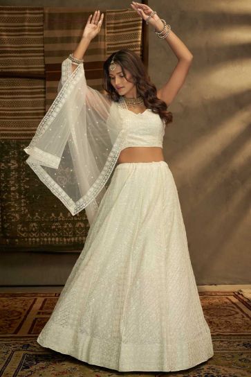 Tempting Georgette Fabric Off White Color Lehenga With Sequins Work