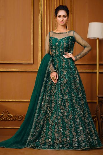 Green Color Net Fabric Glamorous Look Anarkali Suit