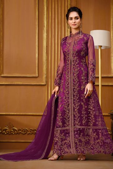 Purple Color Net Fabric Elegant Party Style Salwar Suit