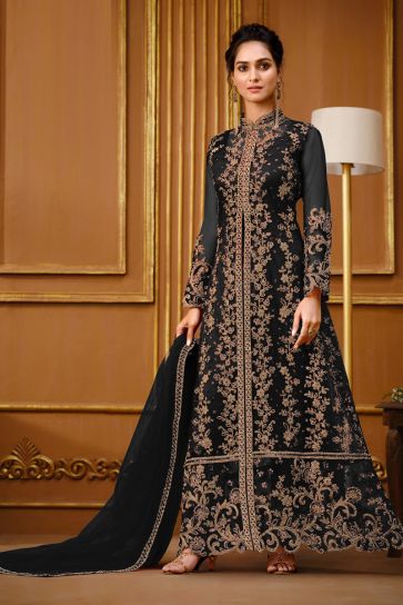 Black Color Embellished Party Style Salwar Suit In Net Fabric