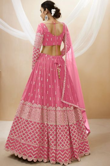 Georgette Fabric Embroidered Sangeet Wear Designer Lehenga Choli In Pink Color