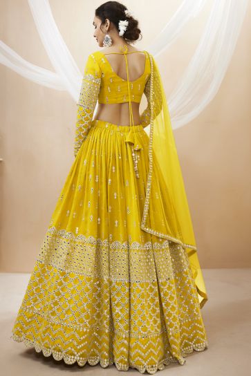 Yellow Color Reception Wear Georgette Fabric Embroidered Lehenga Choli