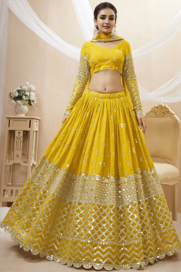 Yellow Color Reception Wear Georgette Fabric Embroidered Lehenga Choli