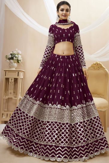 Tempting Georgette Fabric Wine Color Wedding Wear Lehenga Choli With Embroidered Work