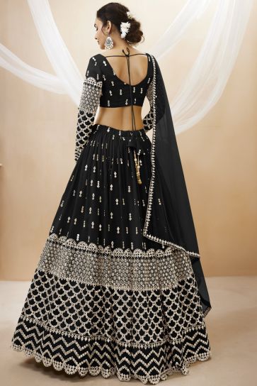 Engaging Black Color Georgette Fabric Embroidered Work Wedding Wear Lehenga Choli