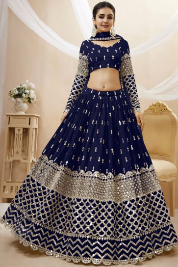Embroidered Navy Blue Color Wedding Wear Fancy Lehenga Choli In Georgette Fabric