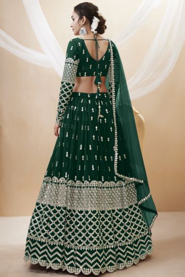 Awesome Embroidered Work On Georgette Fabric Dark Green Color Wedding Wear Lehenga Choli