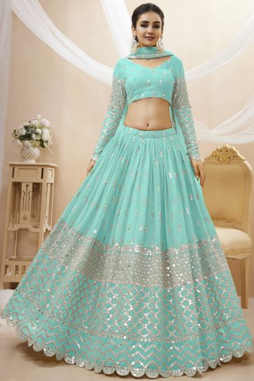 Excellent Georgette Fabric Light Cyan Color Wedding Wear Lehenga Choli With Embroidered Work