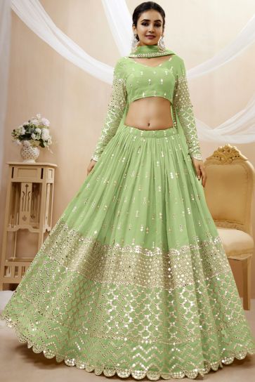 Embellished Embroidered Work On Sea Green Color Georgette Fabric Wedding Wear Lehenga Choli