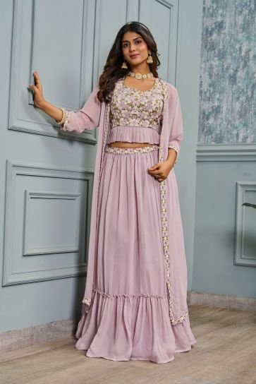 Charming Lavender Color Georgette Fabric Readymade Lehenga With Sequins Work