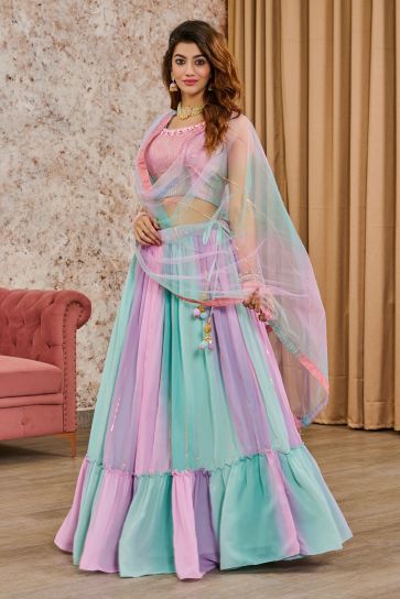Tempting Georgette Fabric Multi Color Readymade Lehenga With Sequins Work
