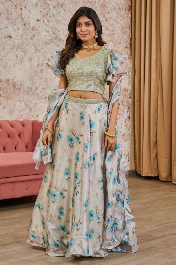 Engaging Beige Color Tissue Fabric Readymade Lehenga With Sequins Work