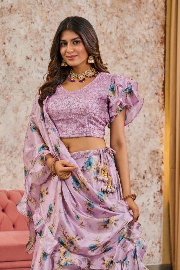 Amazing Lavender Color Tissue Fabric Readymade Lehenga With Sequins Work