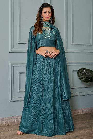 Solid Art Silk Fabric Sequins Work On Readymade Lehenga In Teal Color