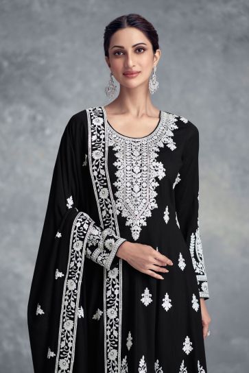 Diksha Singh Radiant Black Color Chinon Fabric Readymade Palazzo Suit