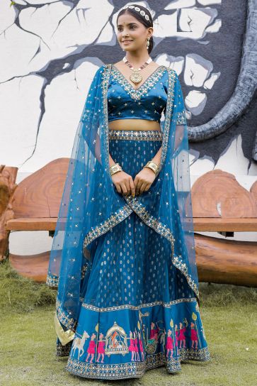 Sangeet Wear Blue Color Gorgeous Lehenga In Net Fabric