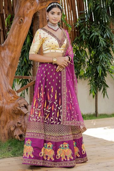 Excellent Net Fabric Purple Color Lehenga In Sangeet Wear