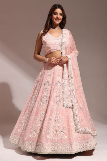 Georgette Fabric Function Wear Charismatic Readymade Lehenga In Peach Color In Sequins Work 