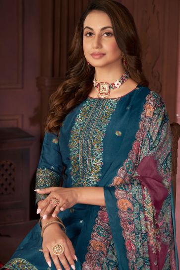 Dazzling Blue Color Festive Salwar Suit In Jacquard Fabric