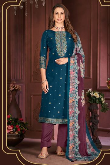Dazzling Blue Color Festive Salwar Suit In Jacquard Fabric