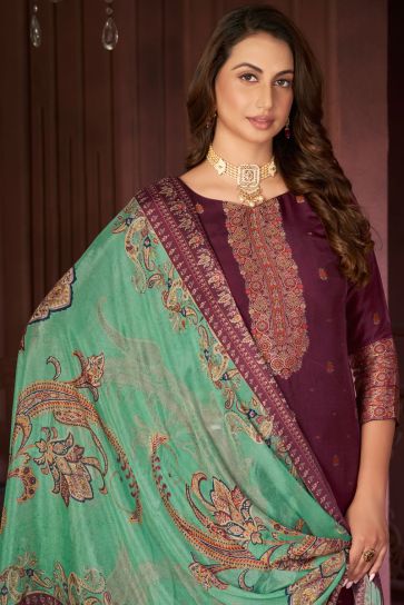 Jacquard Fabric Burgundy Color Winsome Festive Salwar Suit