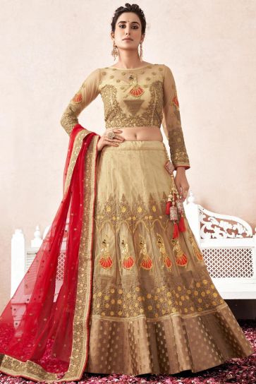 Majestic Net Fabric Wedding Wear Lehenga Choli In Cream Color
