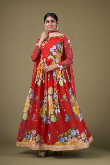 Georgette Fabric Red Color Digital Printed Elegant Anarkali Suit