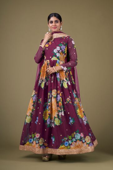 Georgette Fabric Digital Printed Lovely Anarkali Suit In Wine Color
