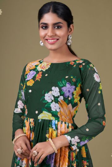 Digital Printed Green Color Fabulous Anarkali Suit In Georgette Fabric