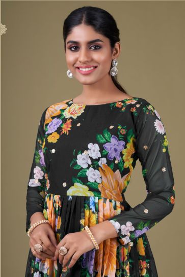 Black Color Georgette Fabric Alluring Digital Printed Anarkali Suit