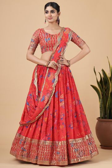 Sequins Work Captivating Georgette Fabric Lehenga In Red Color