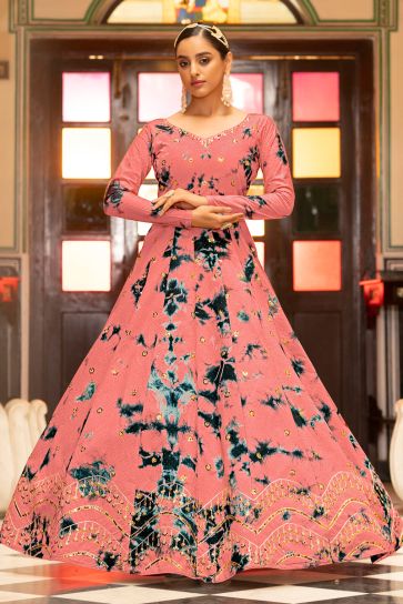 Party Wear Peach Color Shibori Printed Inventive Gown In Cotton Fabric