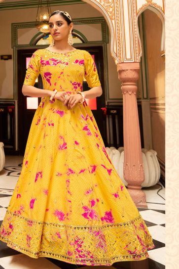 Shibori Printed Work Yellow Color Cotton Fabric Miraculous Party Wear Gown