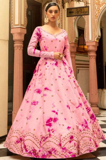 Cotton Fabric Pink Color Shibori Printed Party Wear Phenomenal Gown