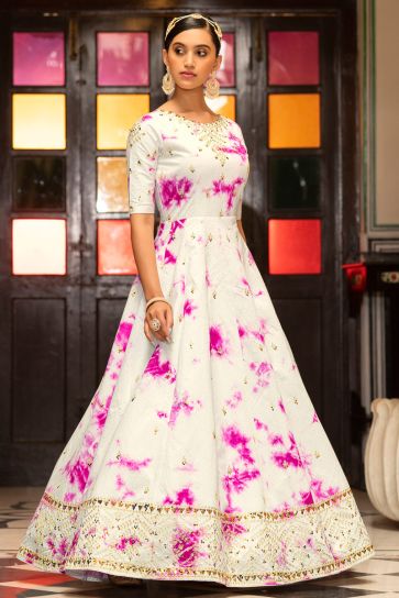 Shibori Printed Designs On White Color Cotton Fabric Party Wear Mesmeric Gown