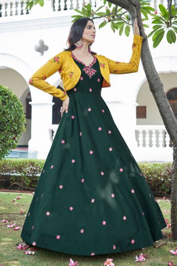 Party Look Cotton Fabric Green Color Charismatic Gown With Koti