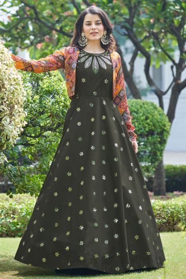 Mehendi Green Color Cotton Fabric Party Look Fabulous Gown With Koti